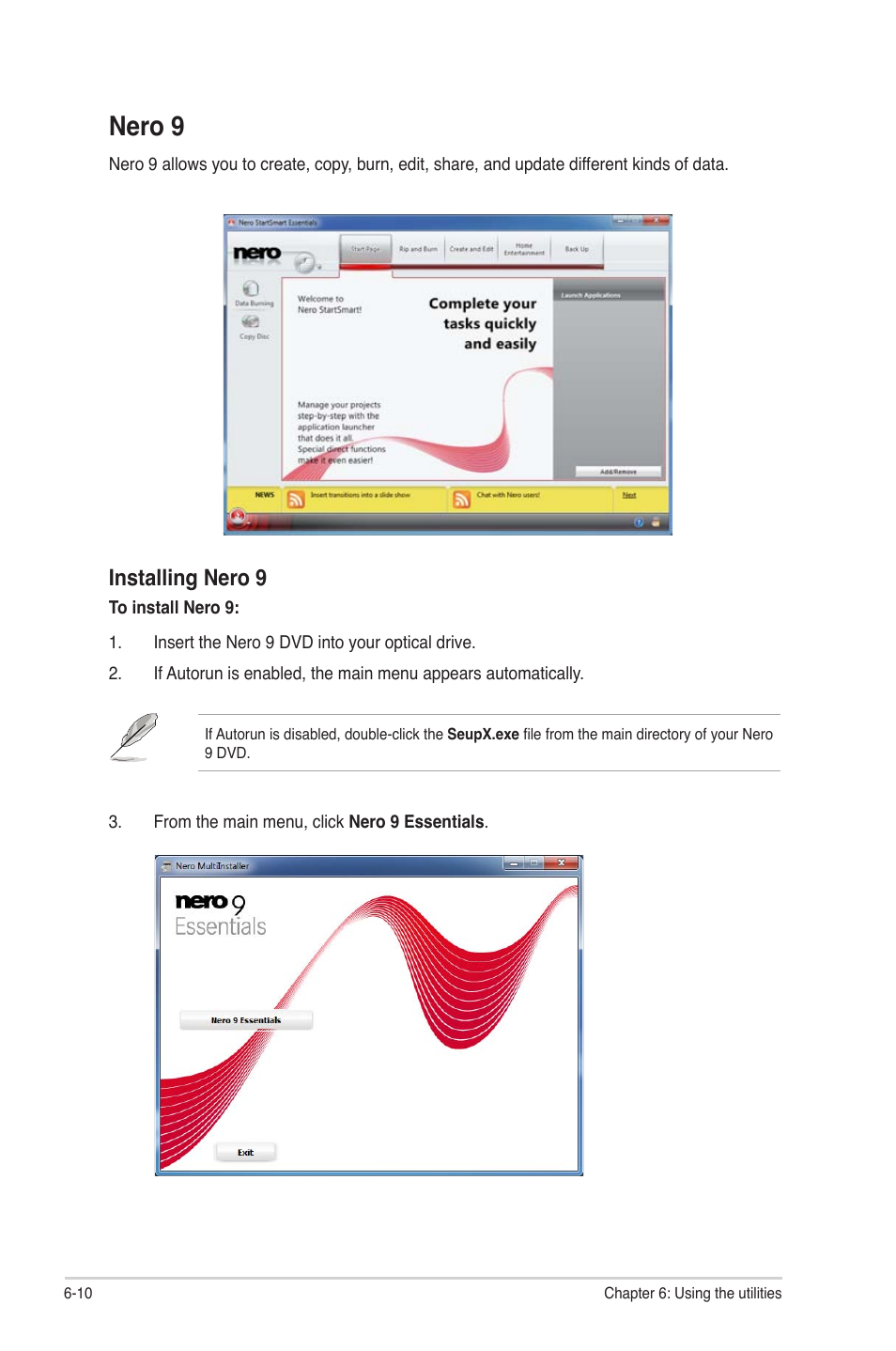 Nero 9, Installing nero 9 | Asus CM1530 User Manual | Page 59 / 67