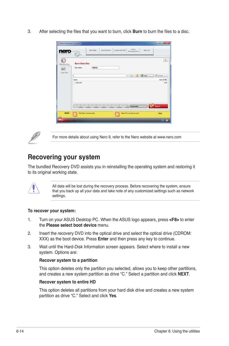 Recovering your system | Asus CM1530 User Manual | Page 63 / 67