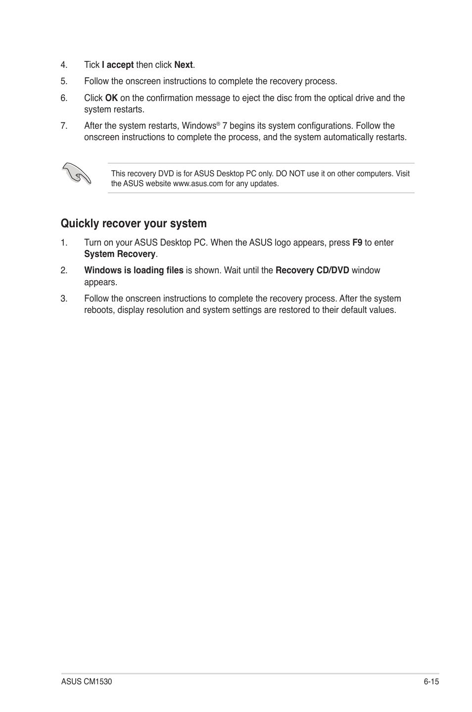 Quickly recover your system | Asus CM1530 User Manual | Page 64 / 67