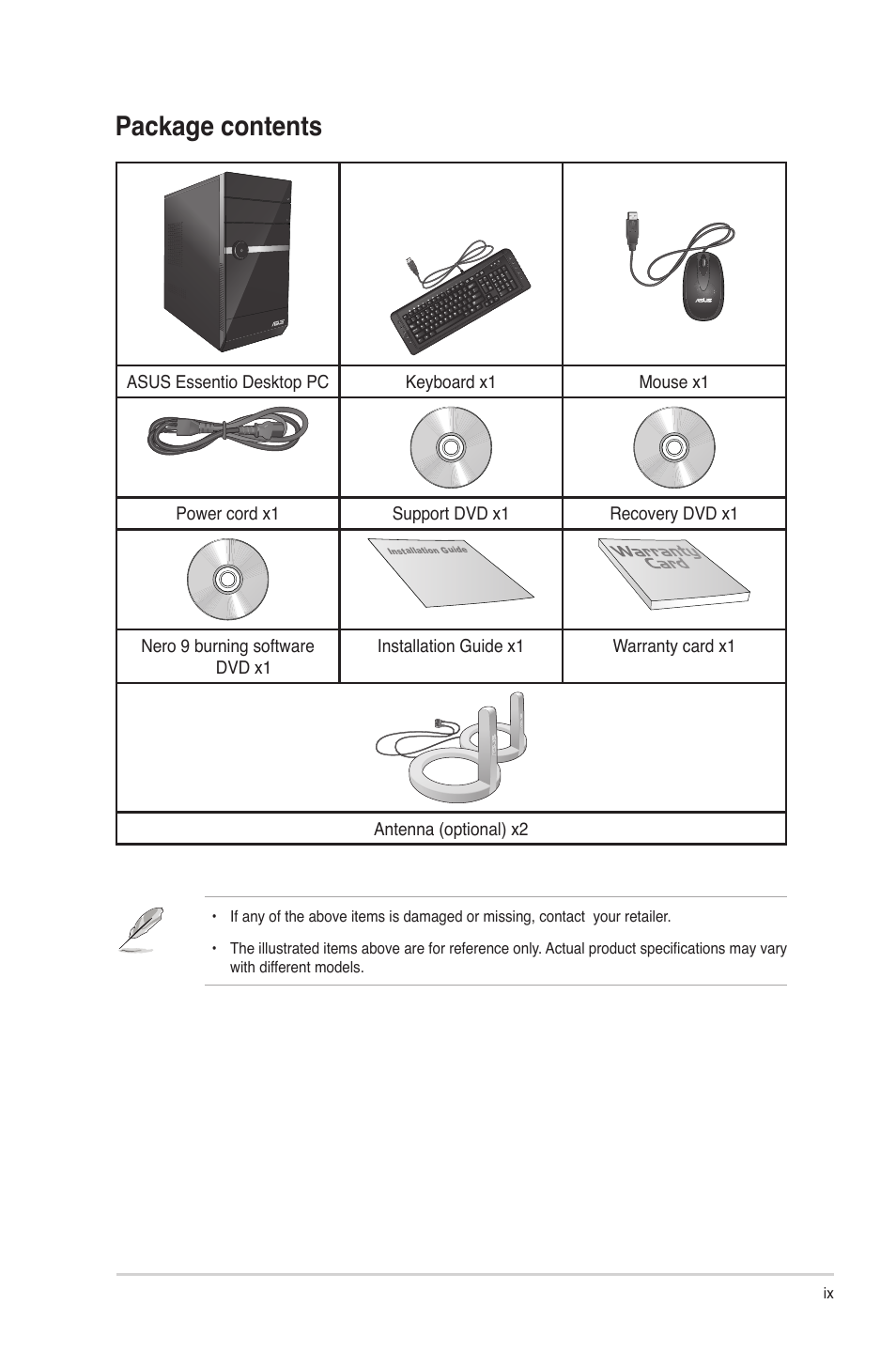 Package contents | Asus CM1530 User Manual | Page 9 / 67