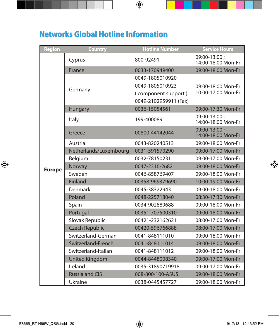 Networks global hotline information | Asus RT-N66W User Manual | Page 20 / 26