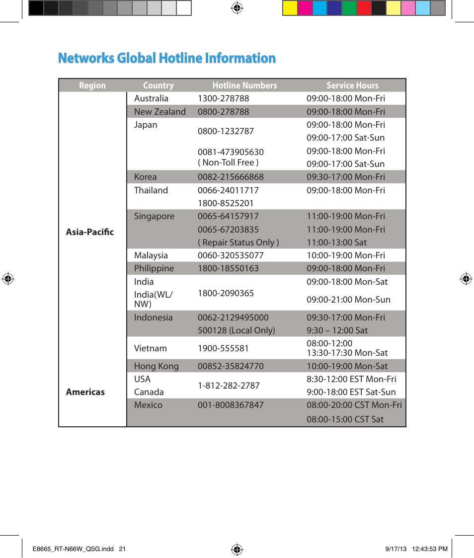 Networks global hotline information | Asus RT-N66W User Manual | Page 21 / 26