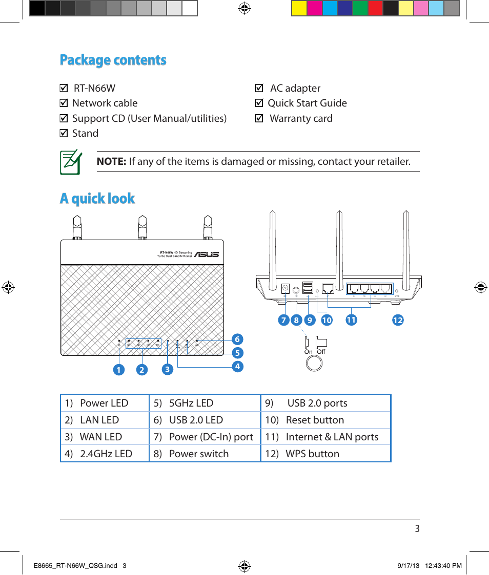 Package contents, A quick look | Asus RT-N66W User Manual | Page 3 / 26