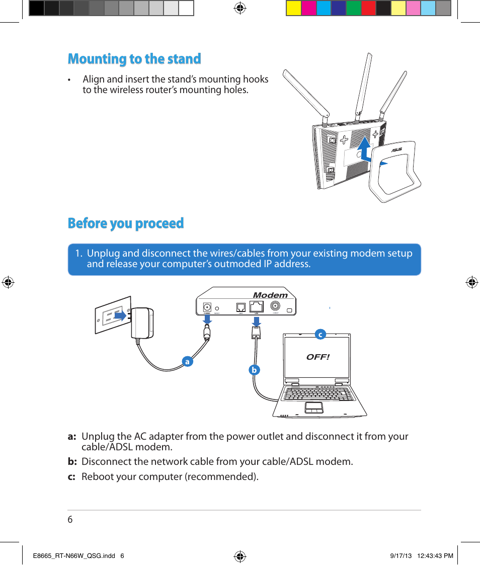 Mounting to the stand, Before you proceed | Asus RT-N66W User Manual | Page 6 / 26