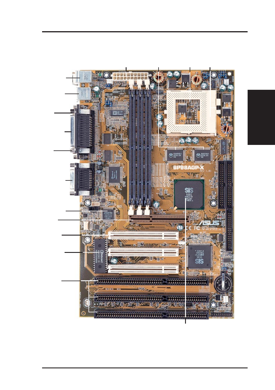 Ii. features, The asus sp98agp-x motherboard, Asus sp98agp-x user’s manual 11 | Ii. fea tures motherboard parts | Asus SP98AGP-X User Manual | Page 11 / 64