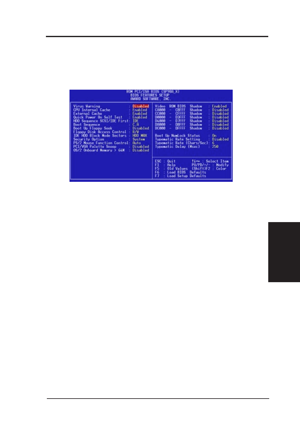 Iv. bios software, Bios features setup | Asus SP98AGP-X User Manual | Page 41 / 64