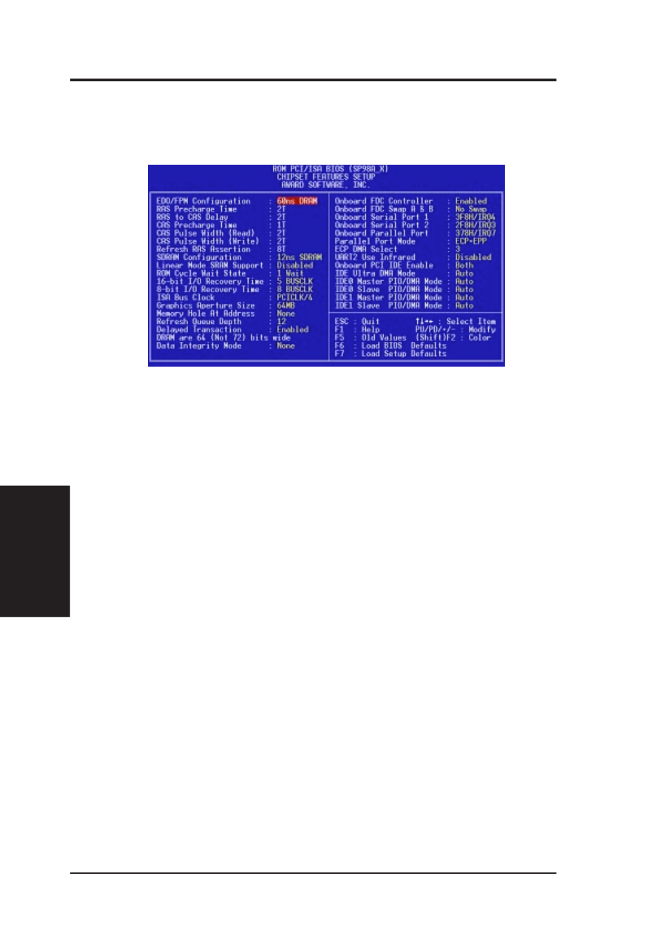 Iv. bios software, Chipset features setup | Asus SP98AGP-X User Manual | Page 44 / 64