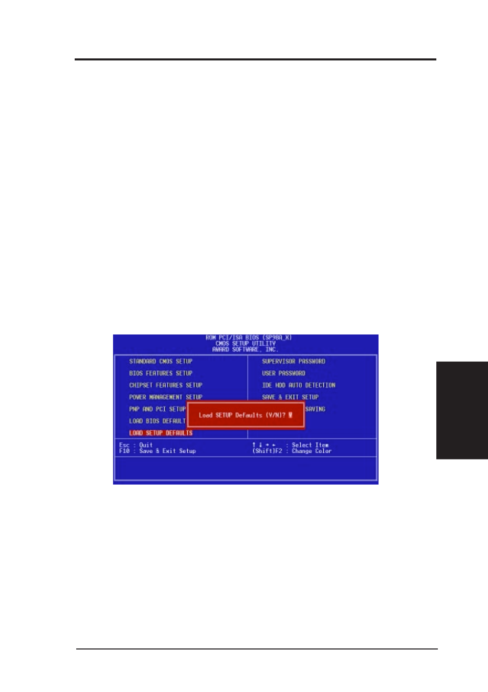 Iv. bios software, Load bios defaults, Load setup defaults | Asus SP98AGP-X User Manual | Page 51 / 64