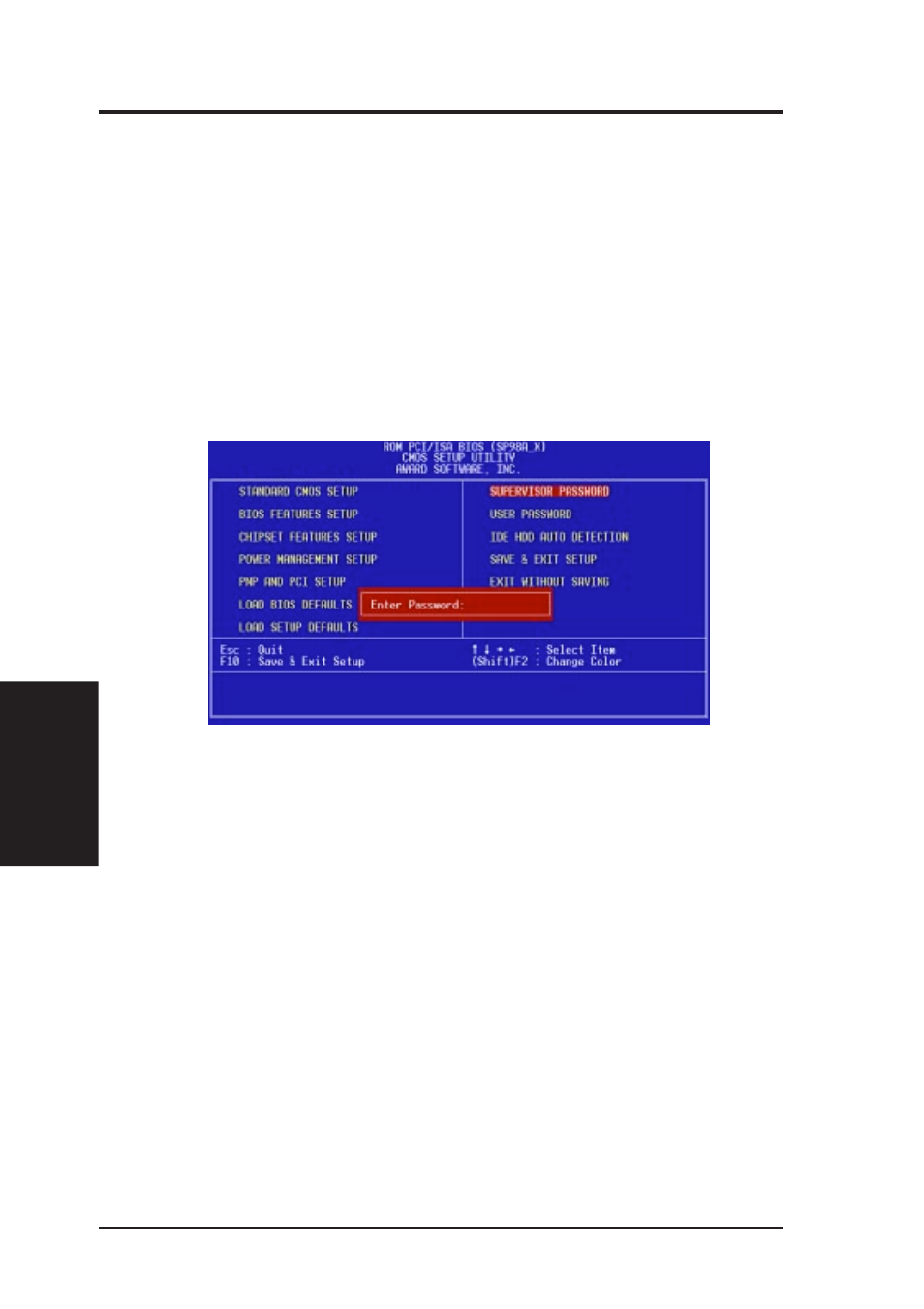 Iv. bios software, Supervisor password and user password | Asus SP98AGP-X User Manual | Page 52 / 64