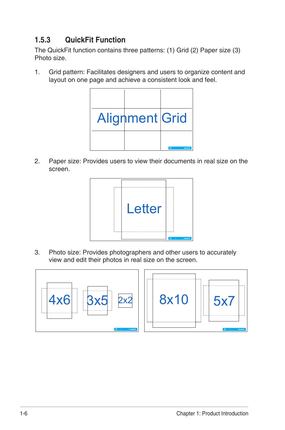 3 quickfit function, Quickfit function -6, Alignment grid | Letter | Asus VN247N User Manual | Page 12 / 22