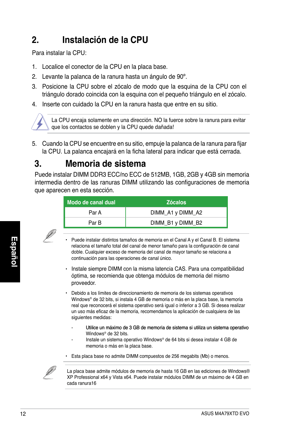 Instalación de la cpu, Español | Asus M4A79XTD EVO/USB3 User Manual | Page 12 / 29