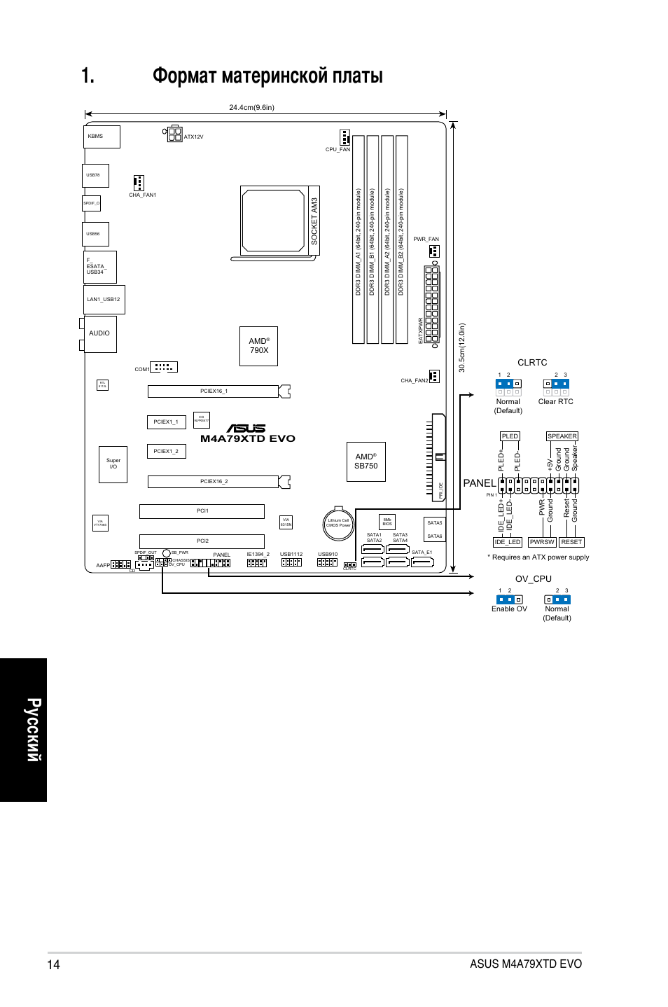 Формат материнской платы, Ру сс ки й, Asus m4a79xtd evo | Panel, M4a79xtd evo | Asus M4A79XTD EVO/USB3 User Manual | Page 14 / 29