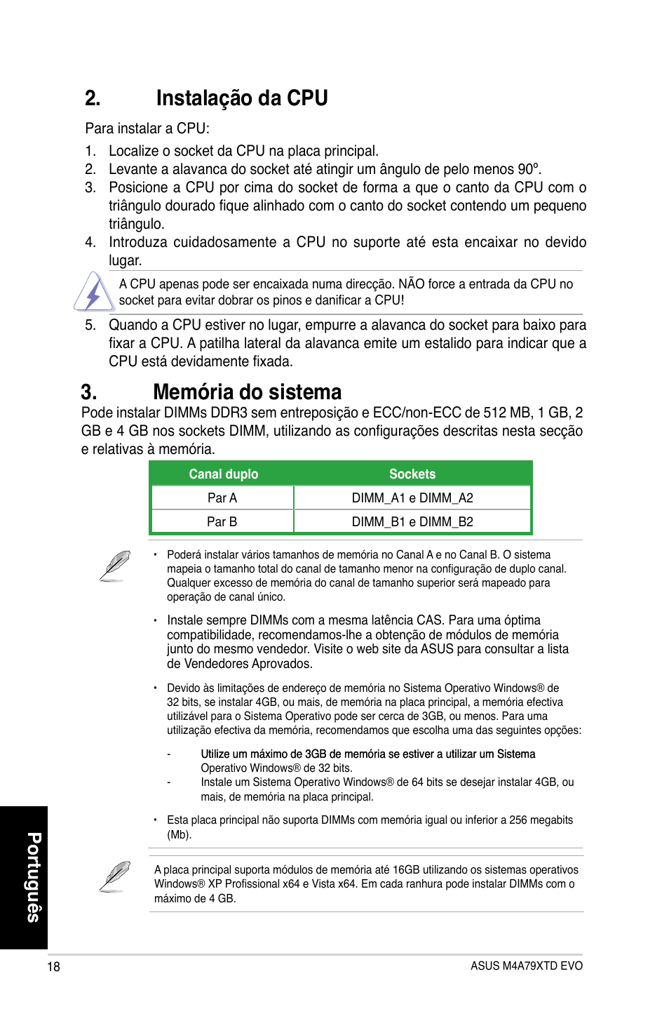 Memória do sistema, Instalação da cpu, Português | Asus M4A79XTD EVO/USB3 User Manual | Page 18 / 29