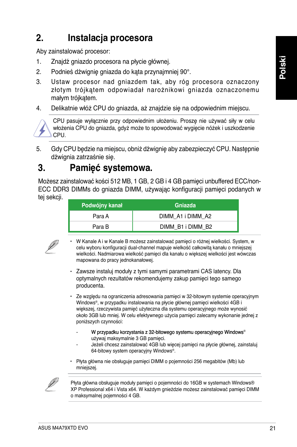 Pamięć systemowa, Instalacja procesora, Polski | Asus M4A79XTD EVO/USB3 User Manual | Page 21 / 29