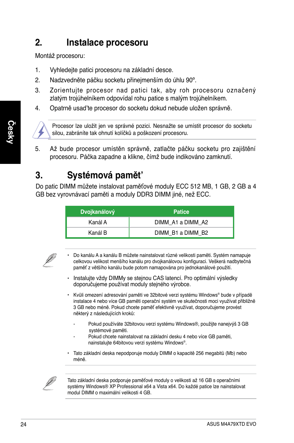 Systémová pamět, Instalace procesoru, Česky | Asus M4A79XTD EVO/USB3 User Manual | Page 24 / 29