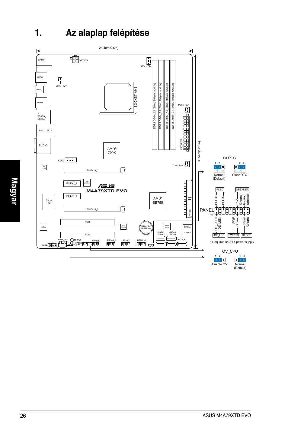 Az alaplap felépítése, Magyar, Asus m4a79xtd evo | Panel, M4a79xtd evo, Clrtc, Ov_cpu | Asus M4A79XTD EVO/USB3 User Manual | Page 26 / 29