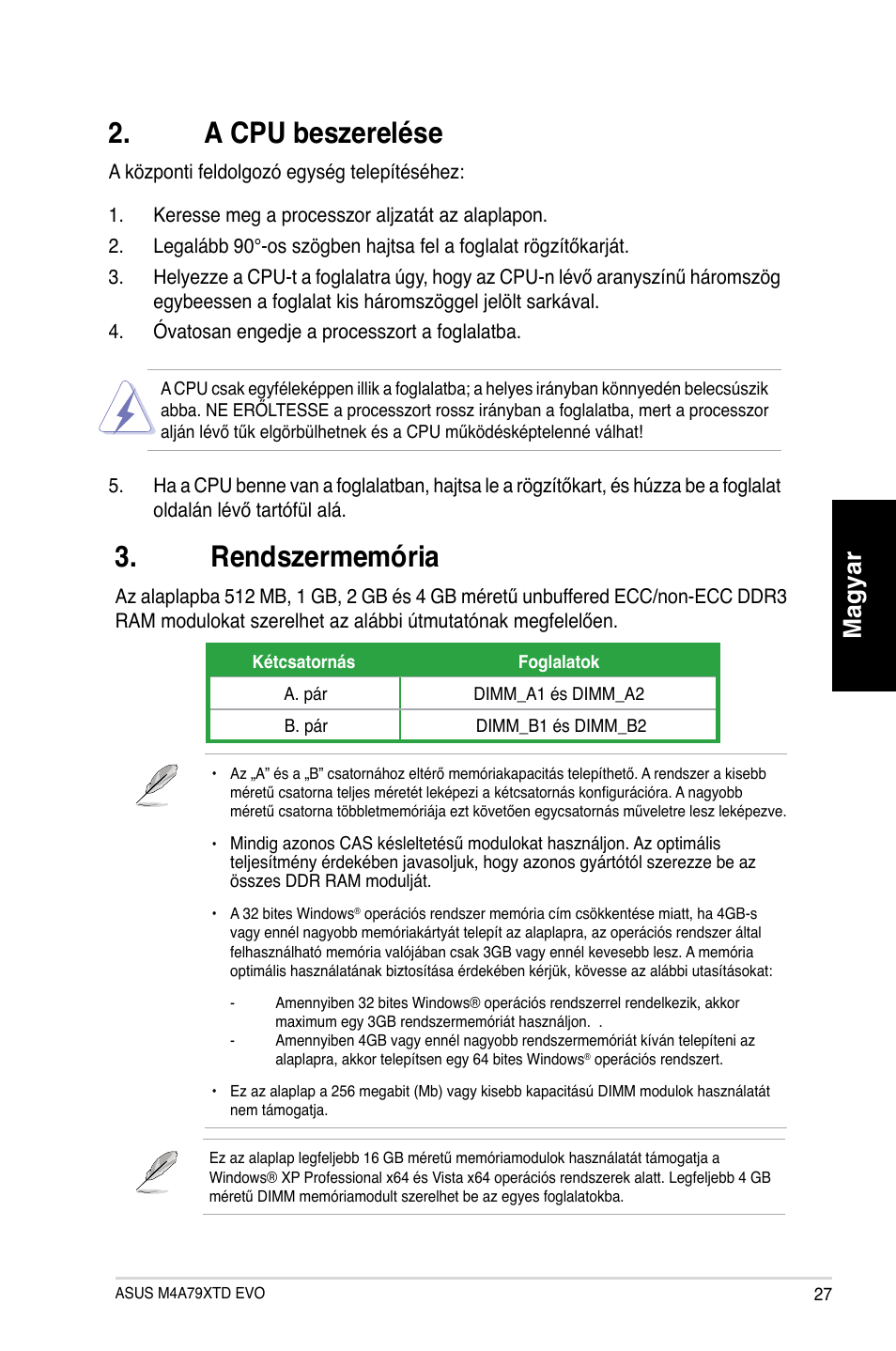 Rendszermemória, A cpu beszerelése, Magyar | Asus M4A79XTD EVO/USB3 User Manual | Page 27 / 29