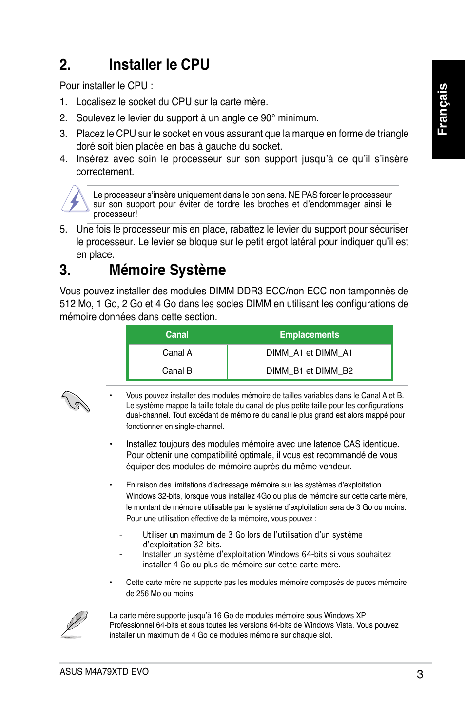 Mémoire système, Installer le cpu, Français | Asus M4A79XTD EVO/USB3 User Manual | Page 3 / 29