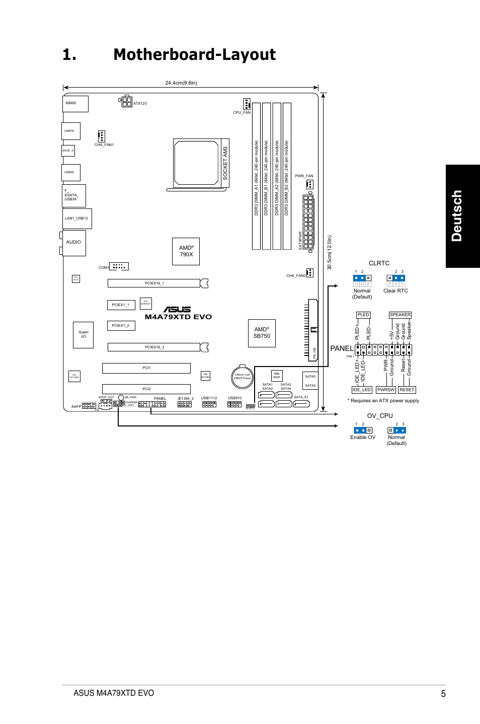 Motherboard-layout, Deutsch, Asus m4a79xtd evo | Panel, M4a79xtd evo, Clrtc, Ov_cpu | Asus M4A79XTD EVO/USB3 User Manual | Page 5 / 29