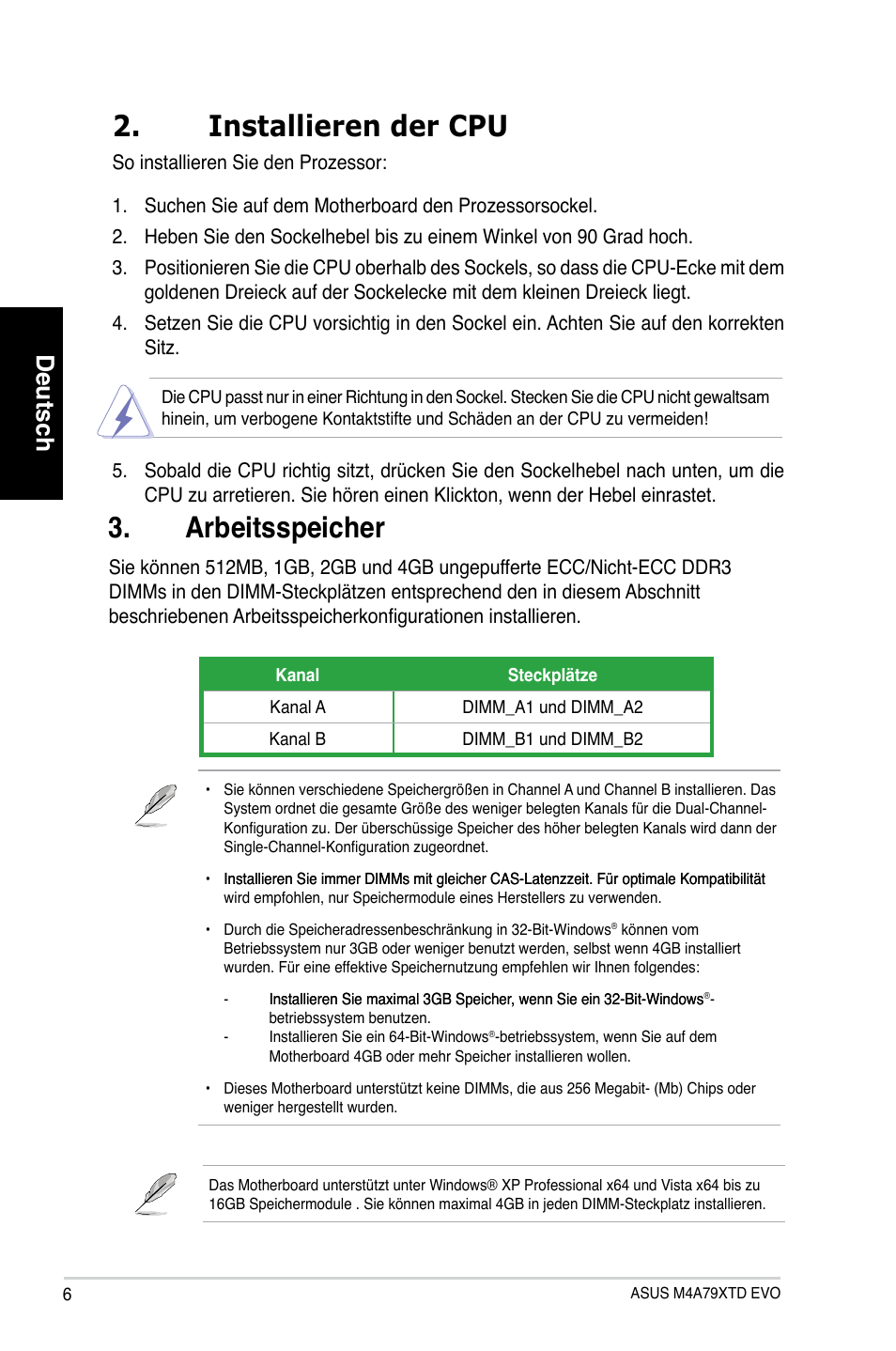 Arbeitsspeicher, Installieren der cpu, Deutsch | Asus M4A79XTD EVO/USB3 User Manual | Page 6 / 29