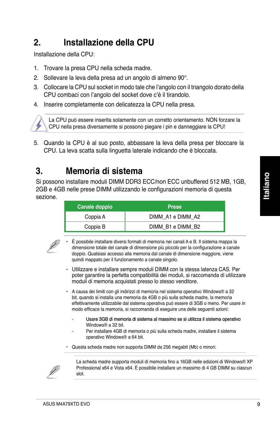 Installazione della cpu, Italiano | Asus M4A79XTD EVO/USB3 User Manual | Page 9 / 29