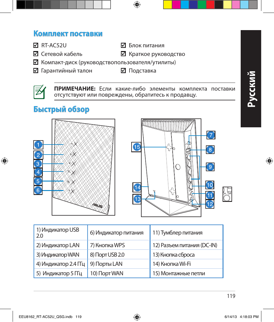 Ру сский, Комплект поставки, Быстрый обзор | Asus RT-AC52U User Manual | Page 116 / 220