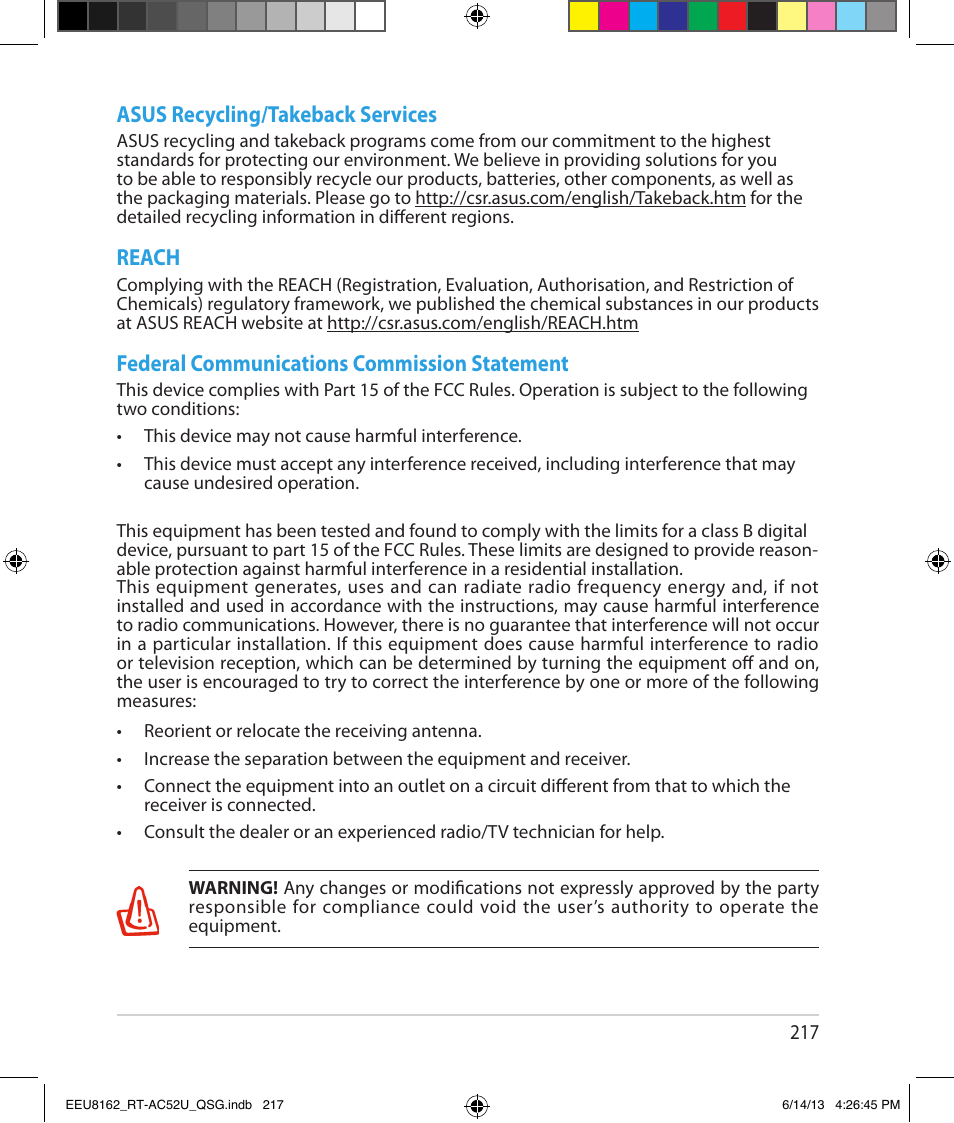 Asus recycling/takeback services, Reach, Federal communications commission statement | Asus RT-AC52U User Manual | Page 214 / 220