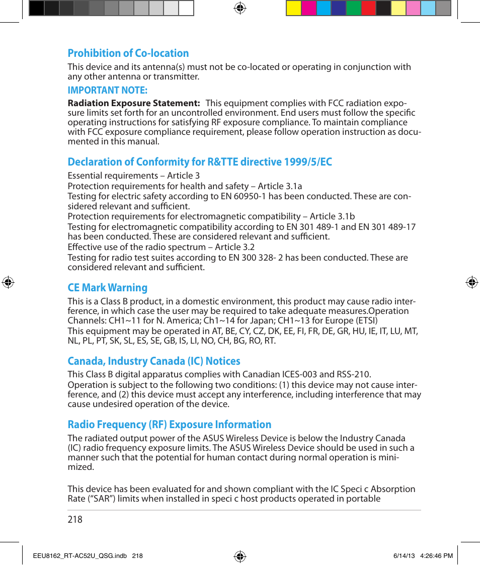 Prohibition of co-location, Ce mark warning, Canada, industry canada (ic) notices | Radio frequency (rf) exposure information | Asus RT-AC52U User Manual | Page 215 / 220