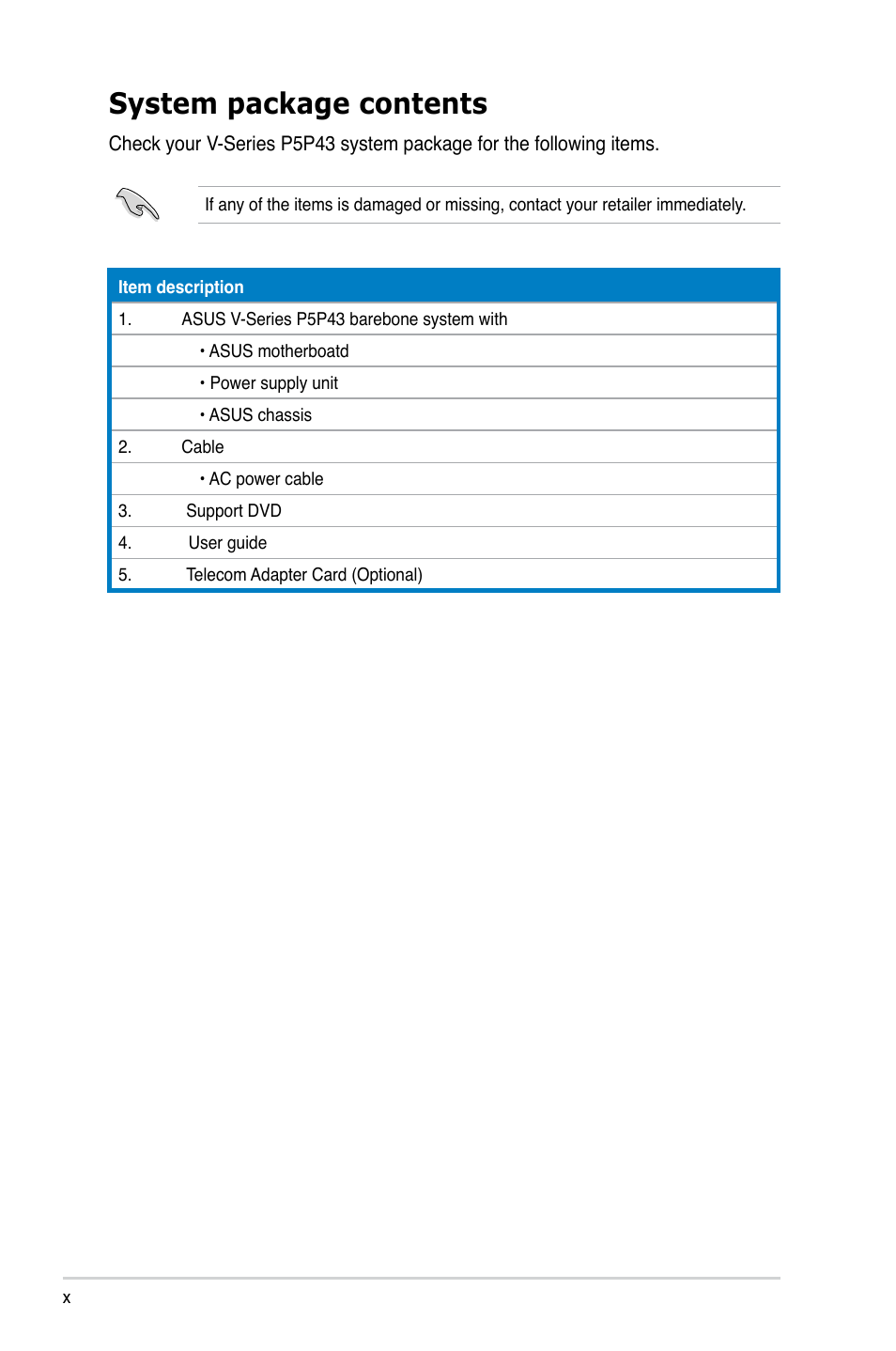 System package contents | Asus V3-P5P43 User Manual | Page 10 / 114