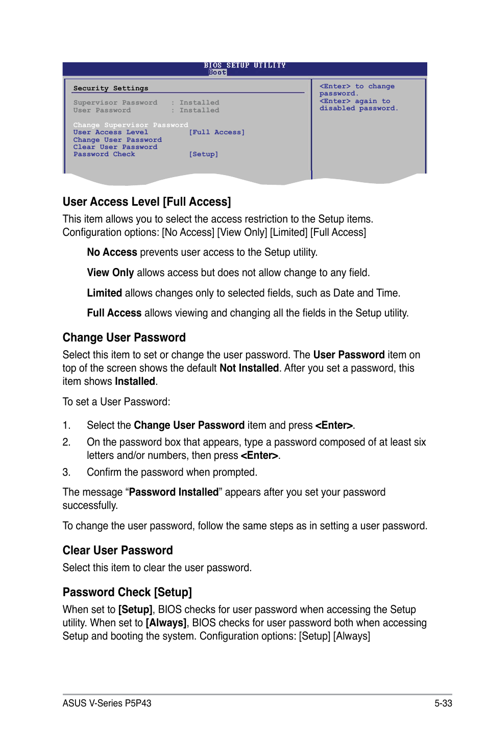 User.access.level.[full.access, Password.check.[setup | Asus V3-P5P43 User Manual | Page 109 / 114