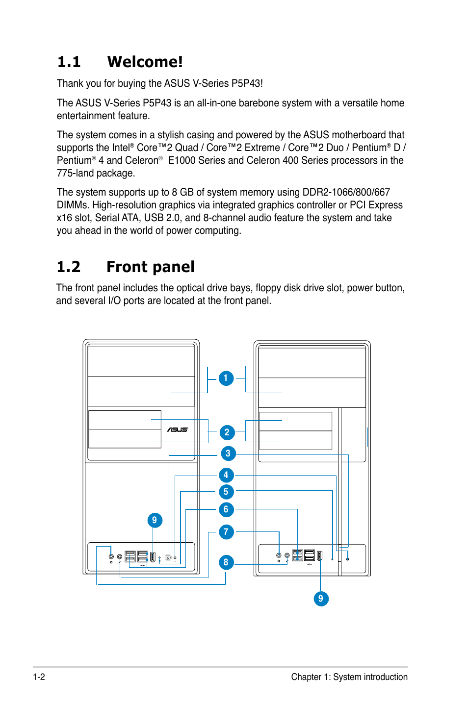 1 welcome, 2 front panel | Asus V3-P5P43 User Manual | Page 12 / 114