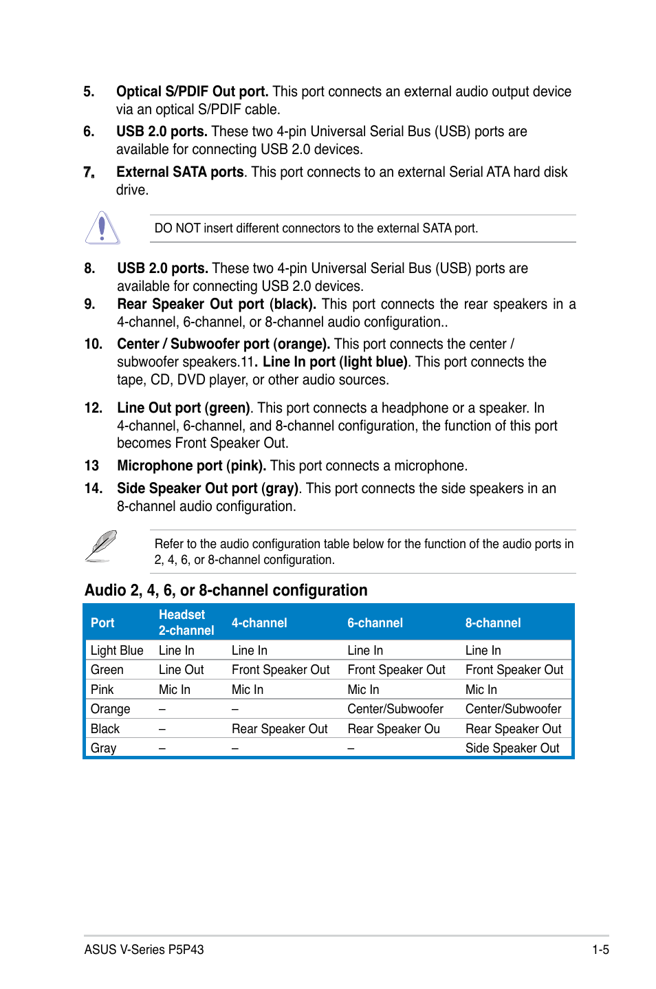 Audio 2, 4, 6, or 8-channel configuration | Asus V3-P5P43 User Manual | Page 15 / 114