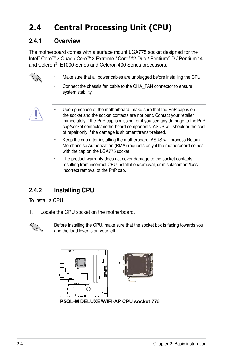 4 central processing unit (cpu), Overview 2.4.2. installing.cpu | Asus V3-P5P43 User Manual | Page 22 / 114