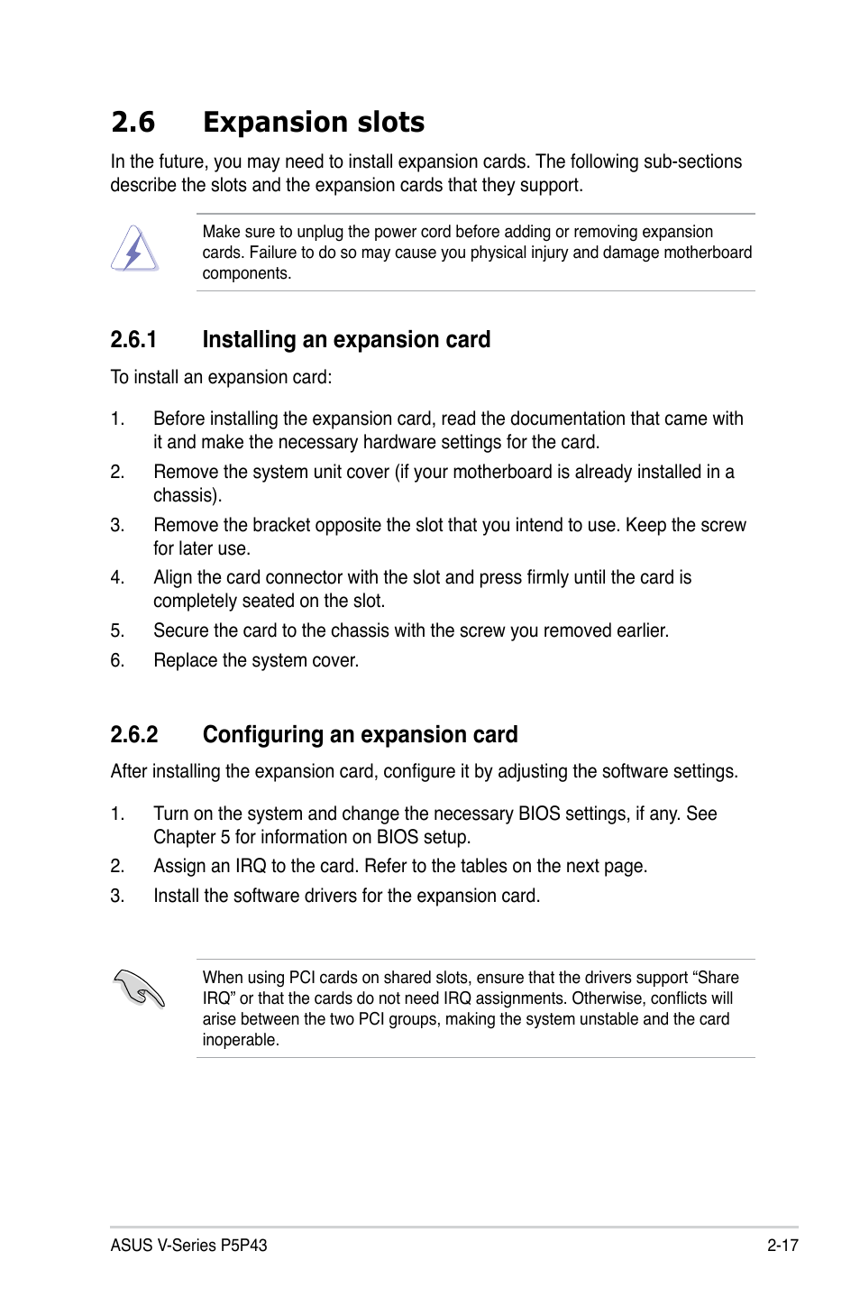 6 expansion slots, Installing.an.expansion.card, 2 configuring an expansion.card | Asus V3-P5P43 User Manual | Page 35 / 114