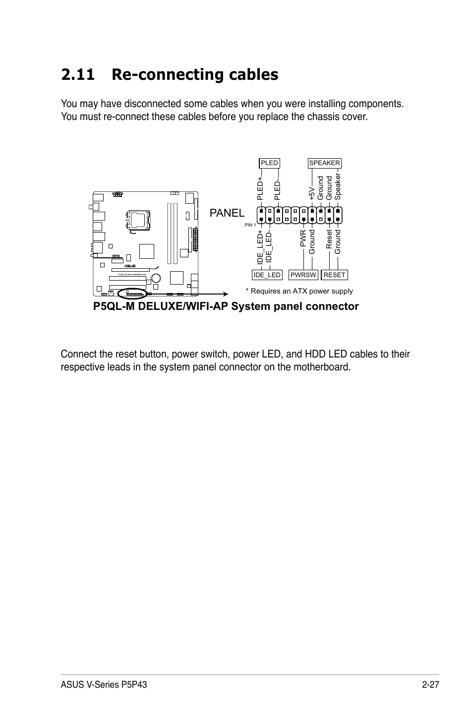 11 re-connecting cables, P5ql-m deluxe/wifi-ap system panel connector, Panel | Asus V3-P5P43 User Manual | Page 45 / 114