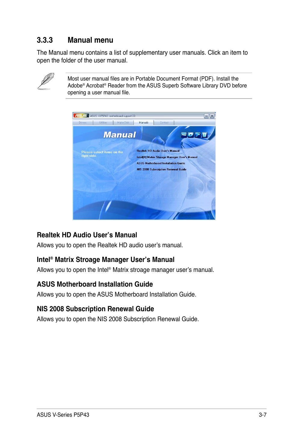 Manual.menu, Intel, Asus.motherboard.installation.guide | Nis.2008.subscription.renewal.guide | Asus V3-P5P43 User Manual | Page 53 / 114