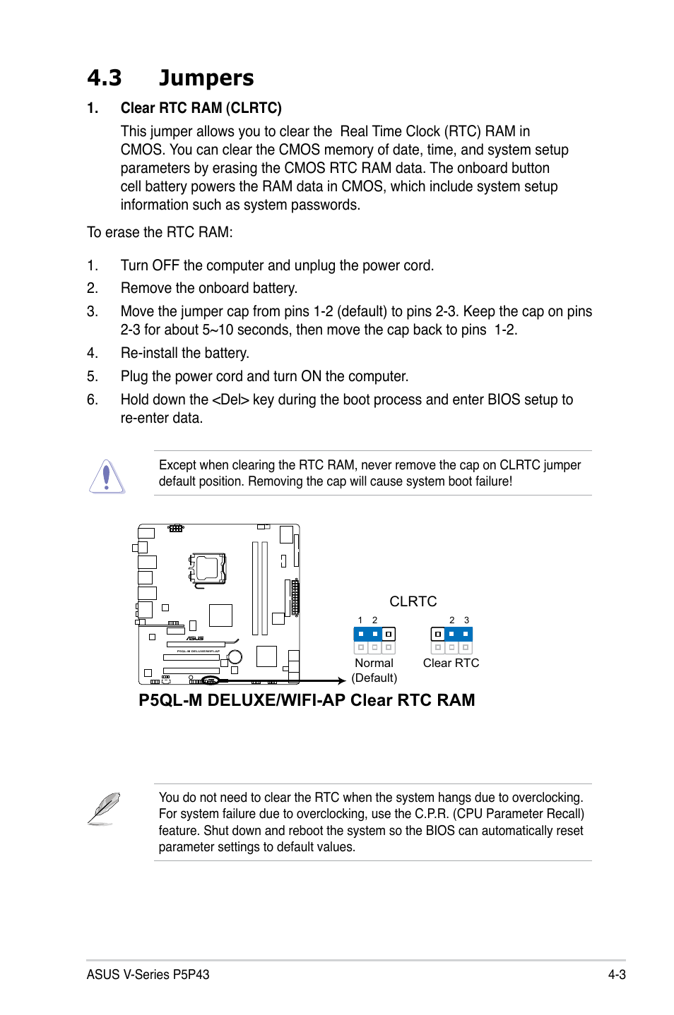 3 jumpers, P5ql-m deluxe/wifi-ap clear rtc ram | Asus V3-P5P43 User Manual | Page 67 / 114