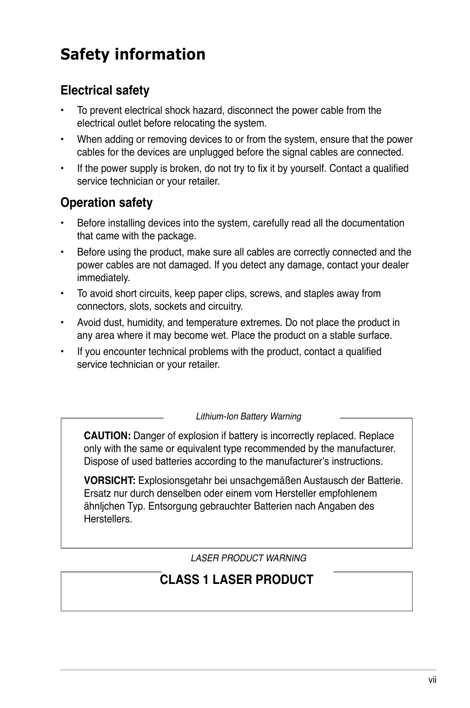 Safety information, Electrical.safety, Operation.safety | Class.1.laser.product | Asus V3-P5P43 User Manual | Page 7 / 114