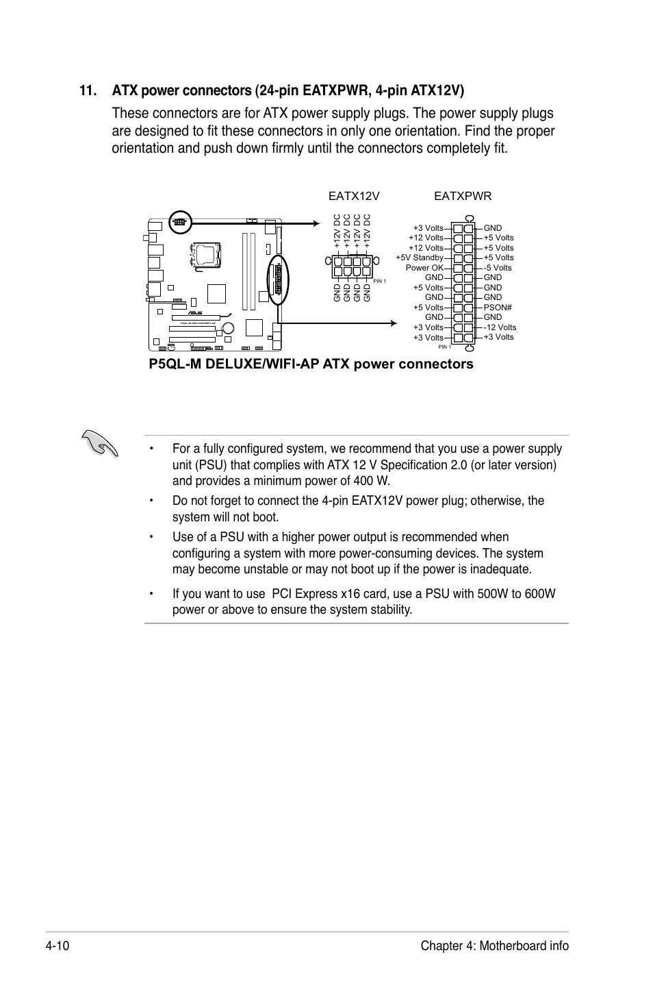 P5ql-m deluxe/wifi-ap atx power connectors | Asus V3-P5P43 User Manual | Page 74 / 114