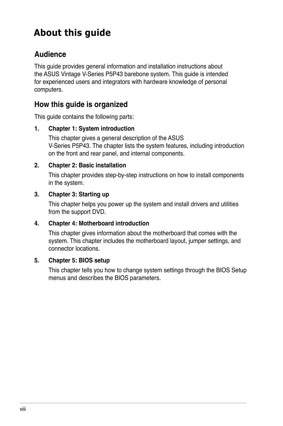 About this guide, Audience | Asus V3-P5P43 User Manual | Page 8 / 114