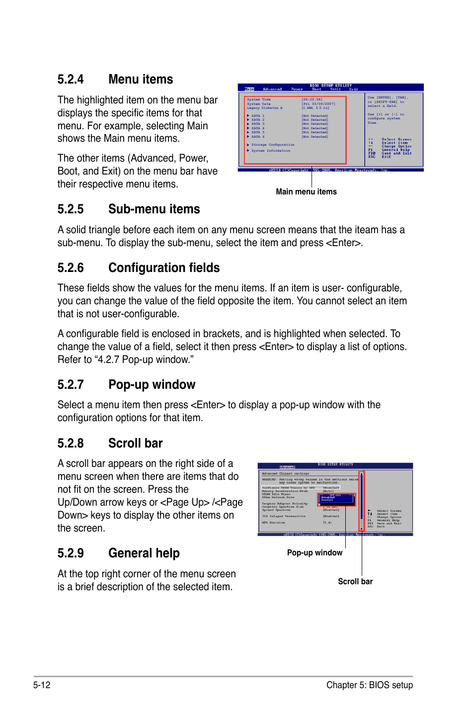 Menu.items, Sub-menu.items, 6 configuration fields | Pop-up.window, Scroll.bar, General.help | Asus V3-P5P43 User Manual | Page 88 / 114