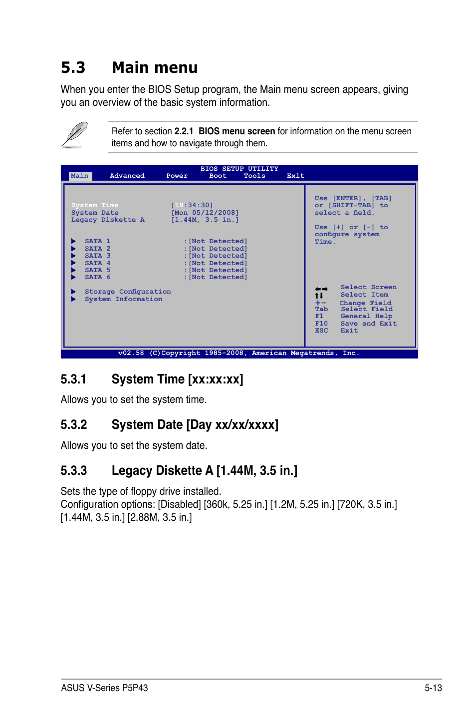 3 main menu, System.time.[xx:xx:xx, Allows you to set the system time | Allows you to set the system date | Asus V3-P5P43 User Manual | Page 89 / 114