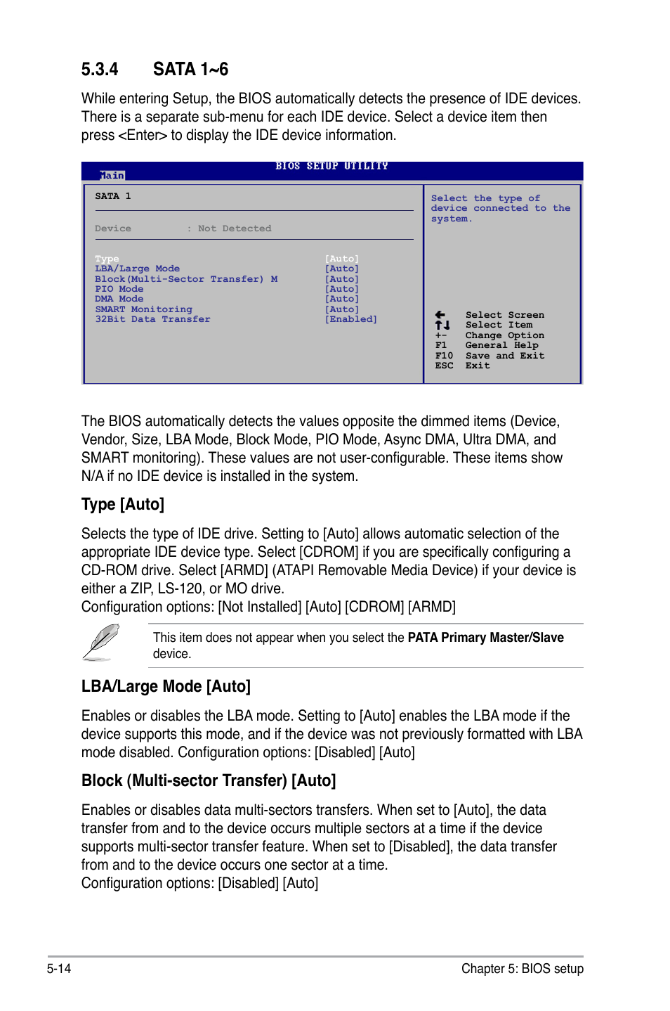 Sata.1~6, Type.[auto, Lba/large.mode.[auto | Block.(multi-sector.transfer).[auto | Asus V3-P5P43 User Manual | Page 90 / 114