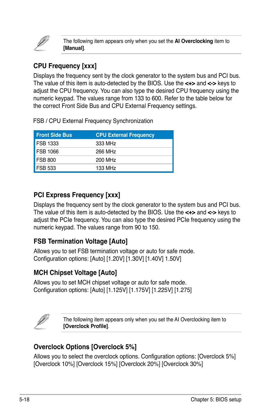 Cpu.frequency.[xxx, Overclock.options.[overclock.5, Pci.express.frequency.[xxx | Fsb.termination.voltage.[auto, Mch.chipset.voltage.[auto | Asus V3-P5P43 User Manual | Page 94 / 114