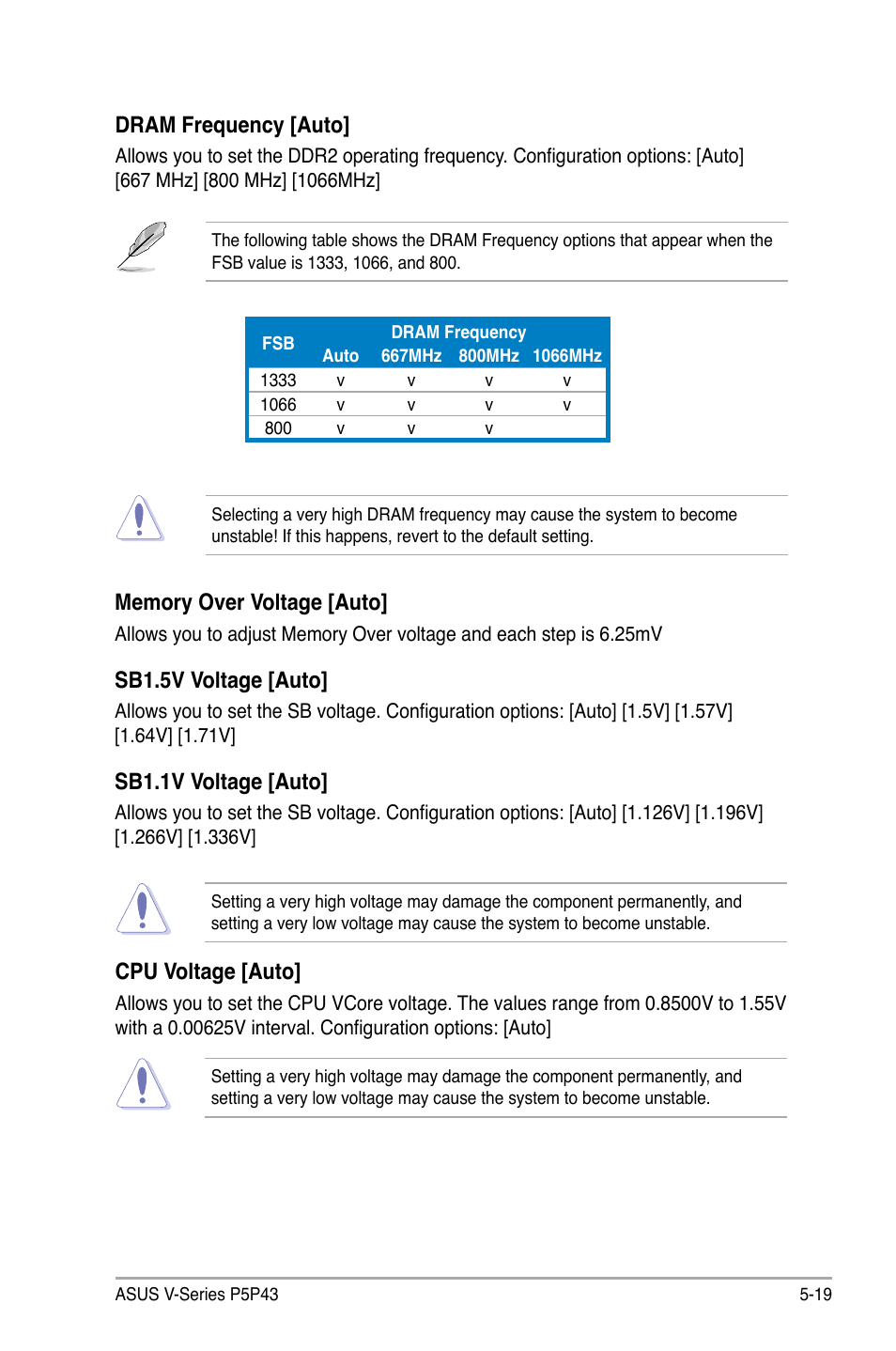 Dram.frequency.[auto, Sb1.5v.voltage.[auto, Sb1.1v.voltage.[auto | Cpu.voltage.[auto | Asus V3-P5P43 User Manual | Page 95 / 114