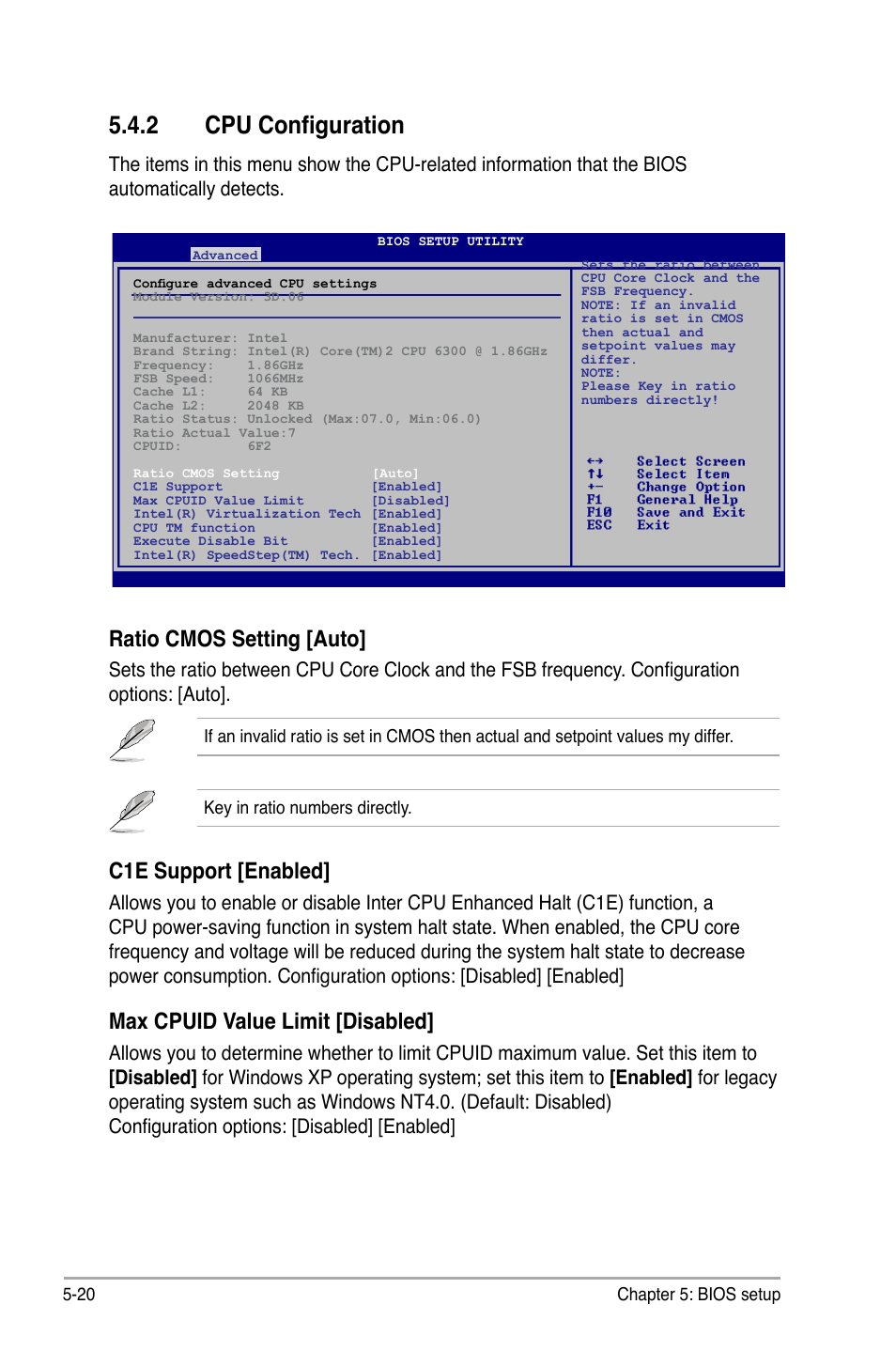 2 cpu configuration, Ratio.cmos.setting.[auto, C1e.support.[enabled | Max.cpuid.value.limit.[disabled | Asus V3-P5P43 User Manual | Page 96 / 114