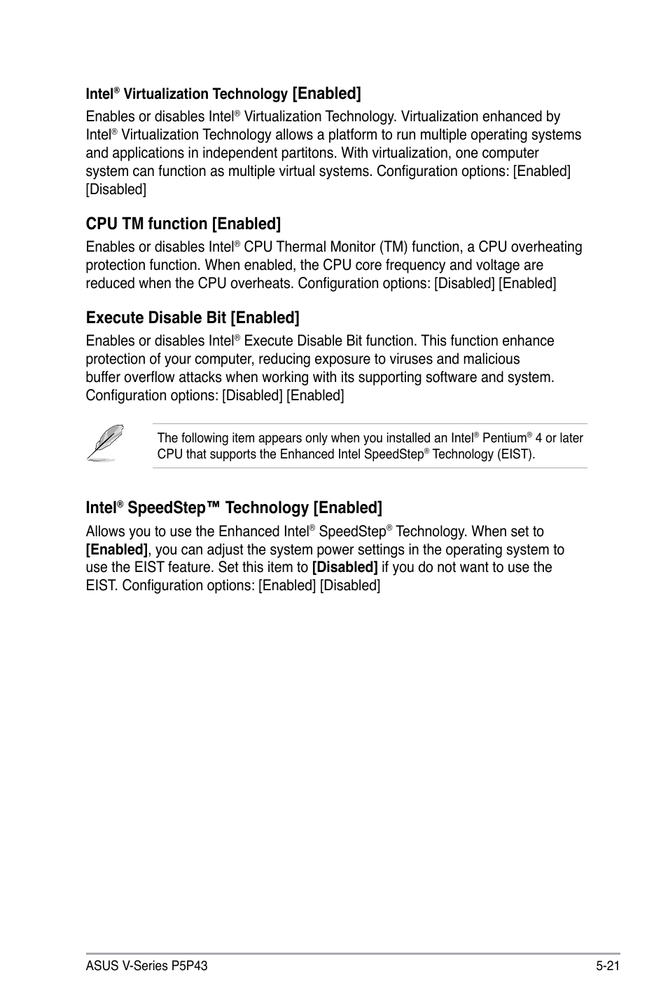 Enabled, Cpu.tm.function.[enabled, Execute.disable.bit.[enabled | Intel, Speedstep™.technology.[enabled | Asus V3-P5P43 User Manual | Page 97 / 114