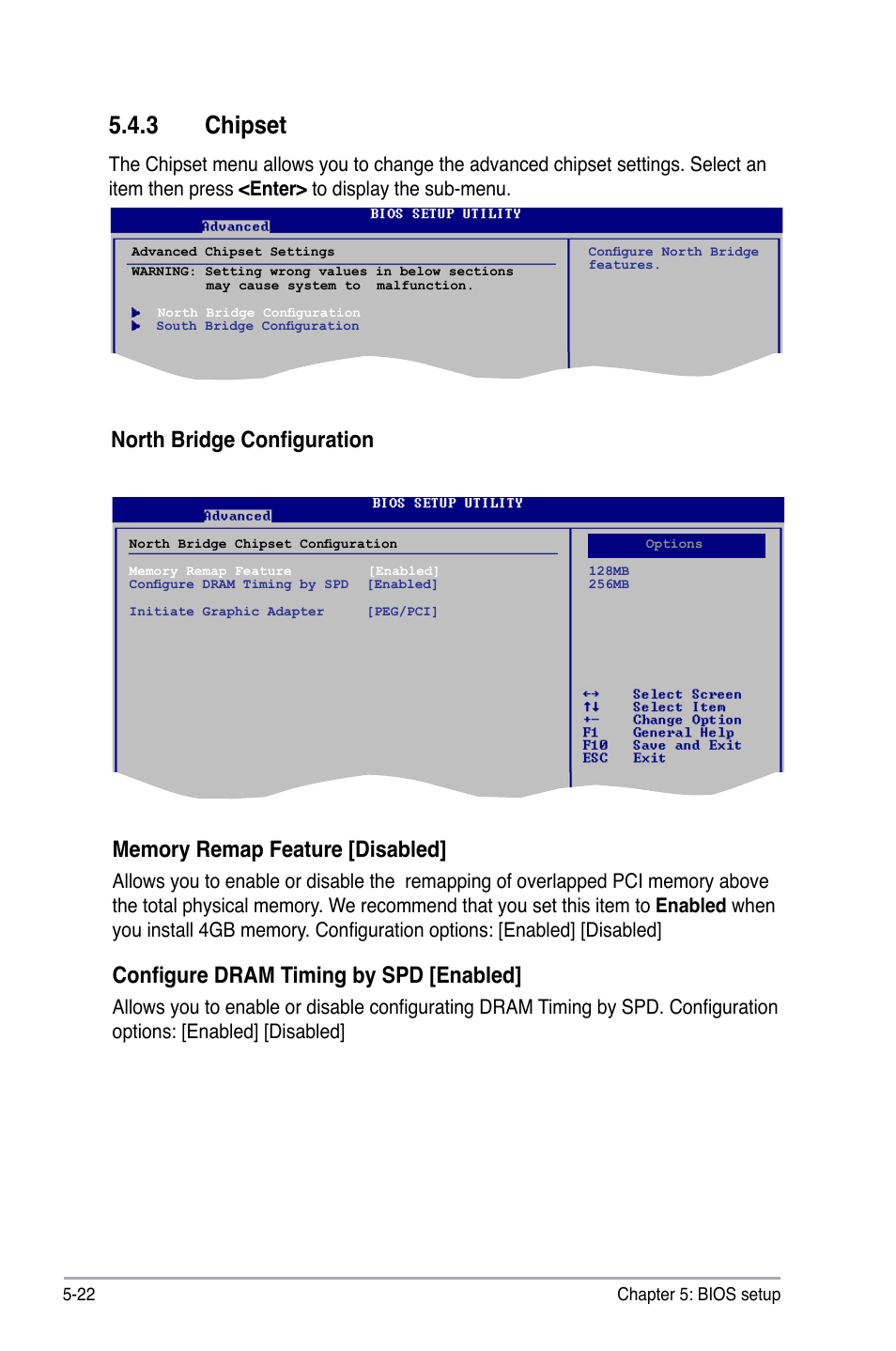 Chipset, North bridge configuration, Configure dram timing by spd [enabled | Asus V3-P5P43 User Manual | Page 98 / 114