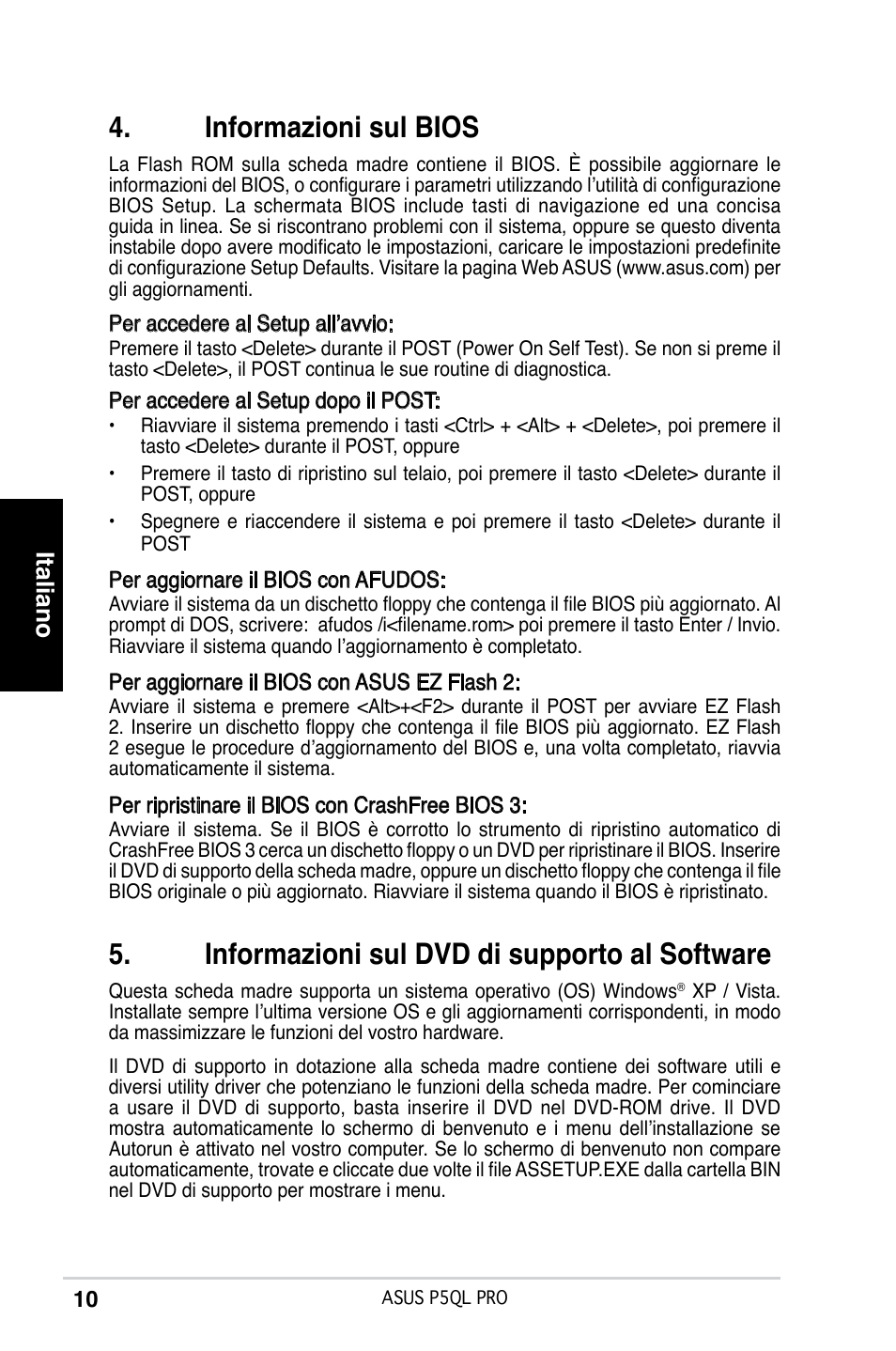 Informazioni sul bios, Informazioni sul dvd di supporto al software, Italiano | Asus P5QL PRO User Manual | Page 10 / 38