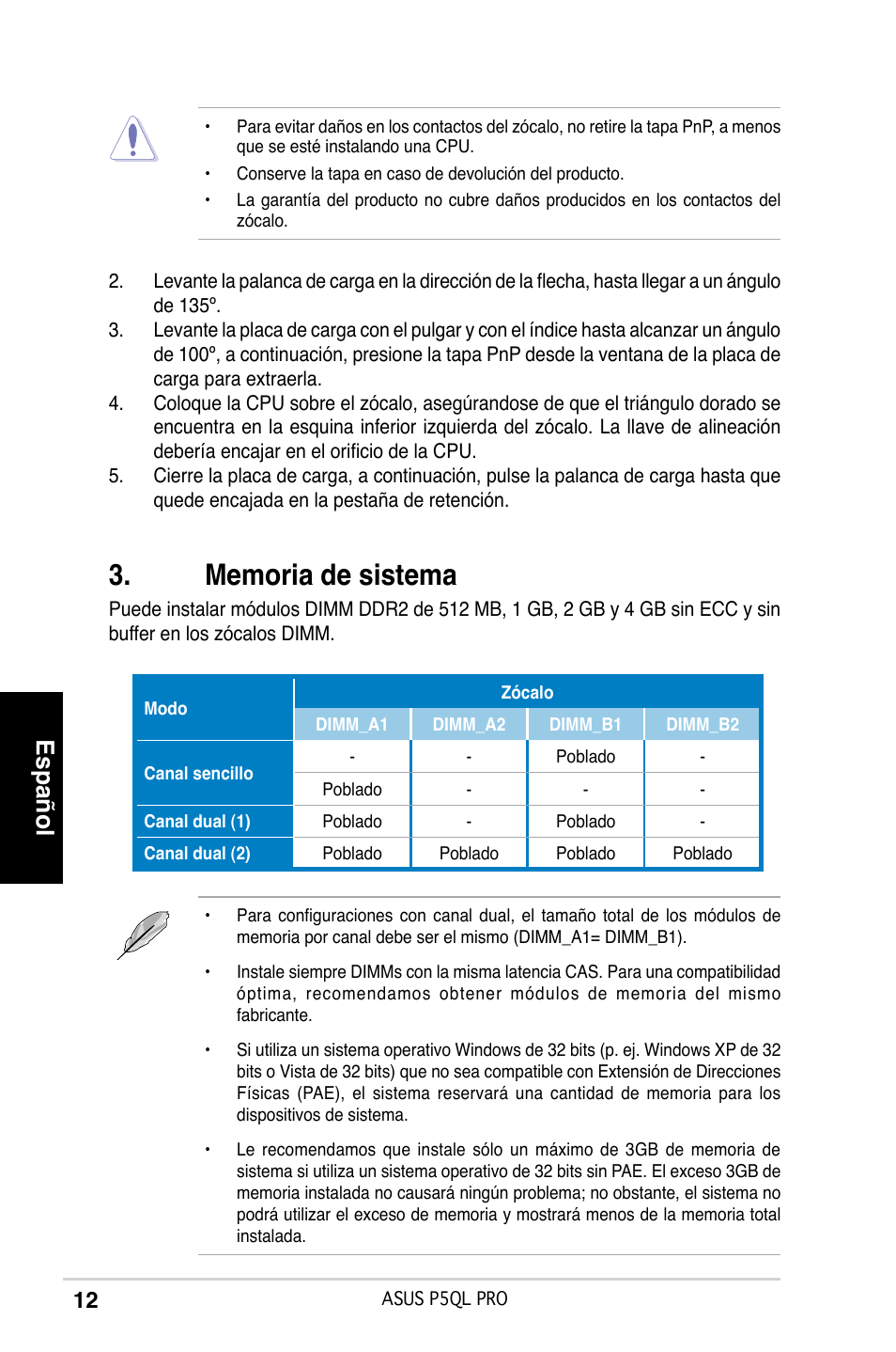 Español | Asus P5QL PRO User Manual | Page 12 / 38